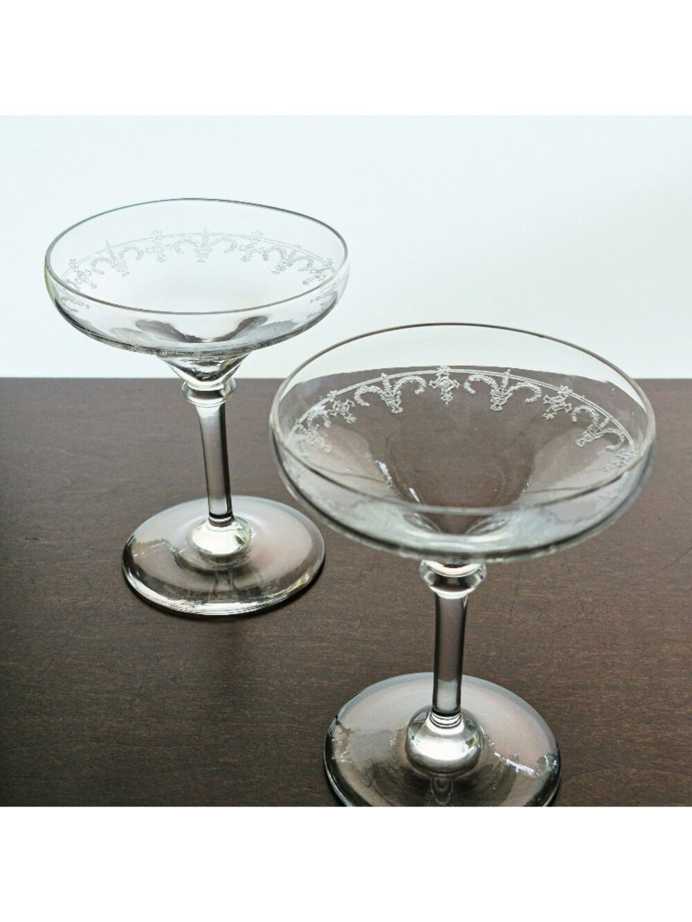 Bryce Champagne Coupe Set, #E370 Etched Floral & Garland, Vintage c.1930-50 USA